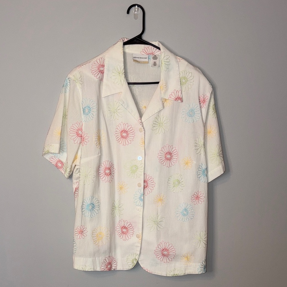 Alfred Dunner Women's Cream Button-Down Shirt with Red & Teal Embroidery 18W